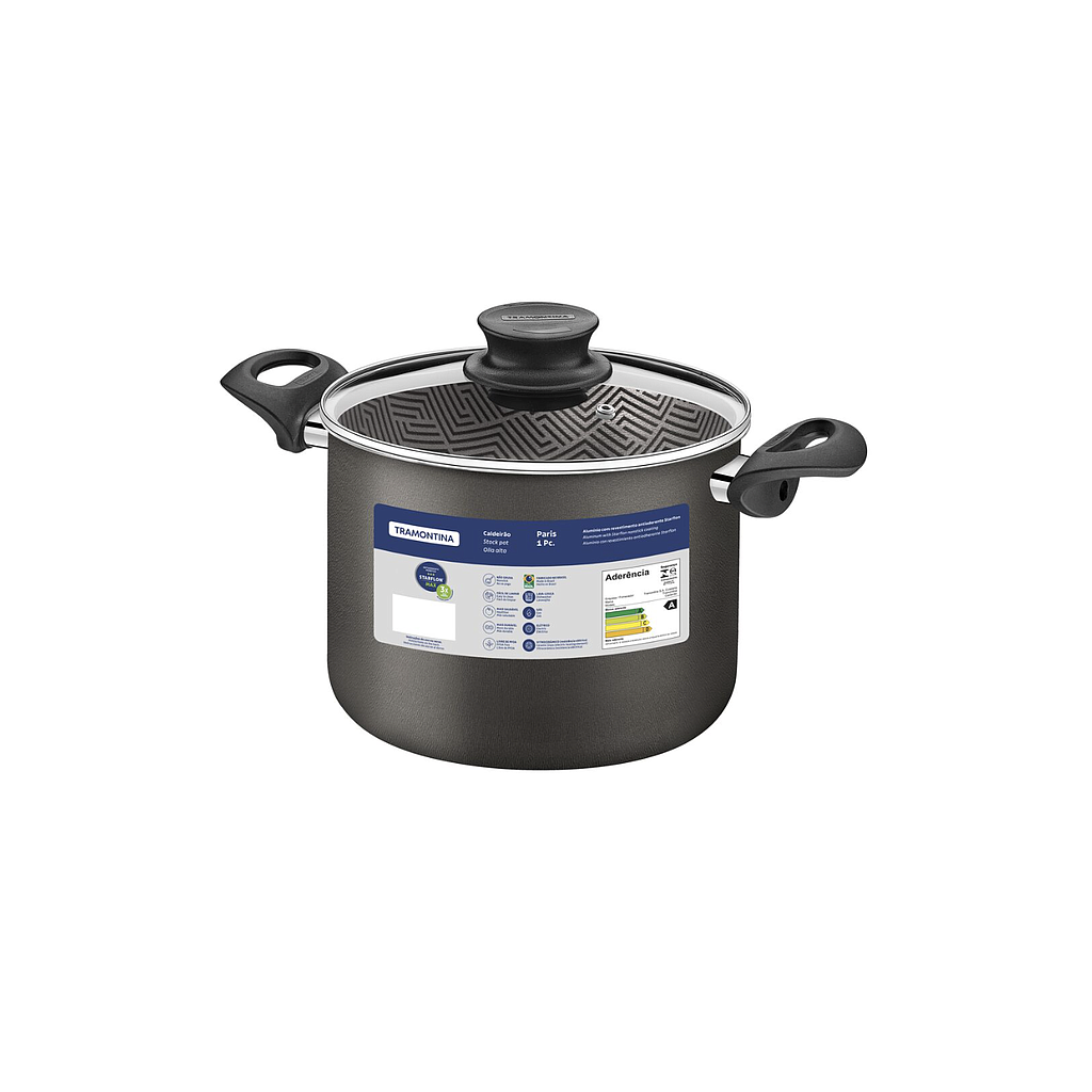 Olla Alta Tramontina Paris en Aluminio con Revestimiento Interno y Externo Antiadherente Starflon Max Plomo con Tapa de Vidrio 22 cm 5,7 L