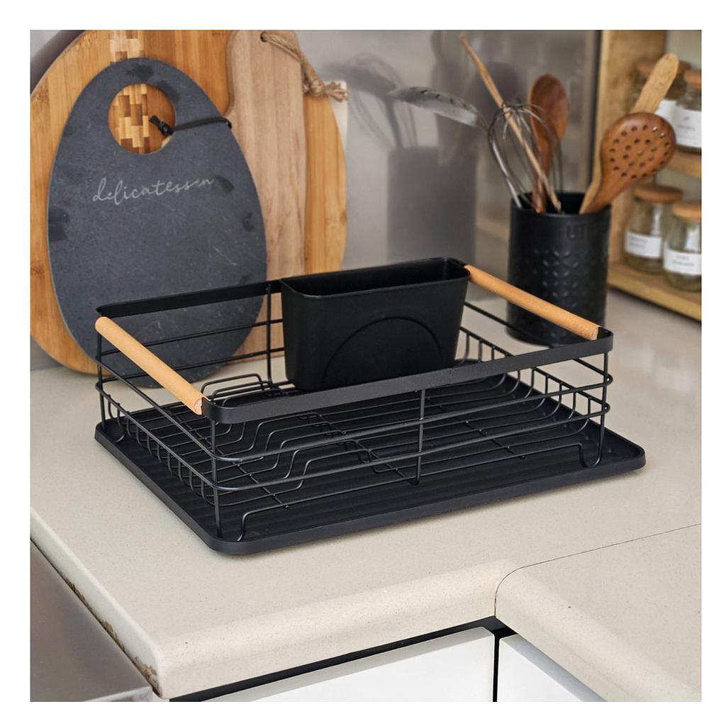 Escurridor Nordico en Acero Negro con mangos de Madera y bandeja plastica, 43x32x14