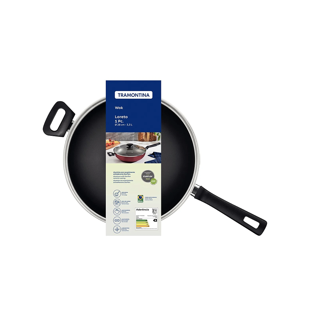 Wok Tramontina Loreto de Aluminio con Revestimiento Interno Antiadherente Starflon Max con Tapa de Vidrio, 28 cm y 3,3 l