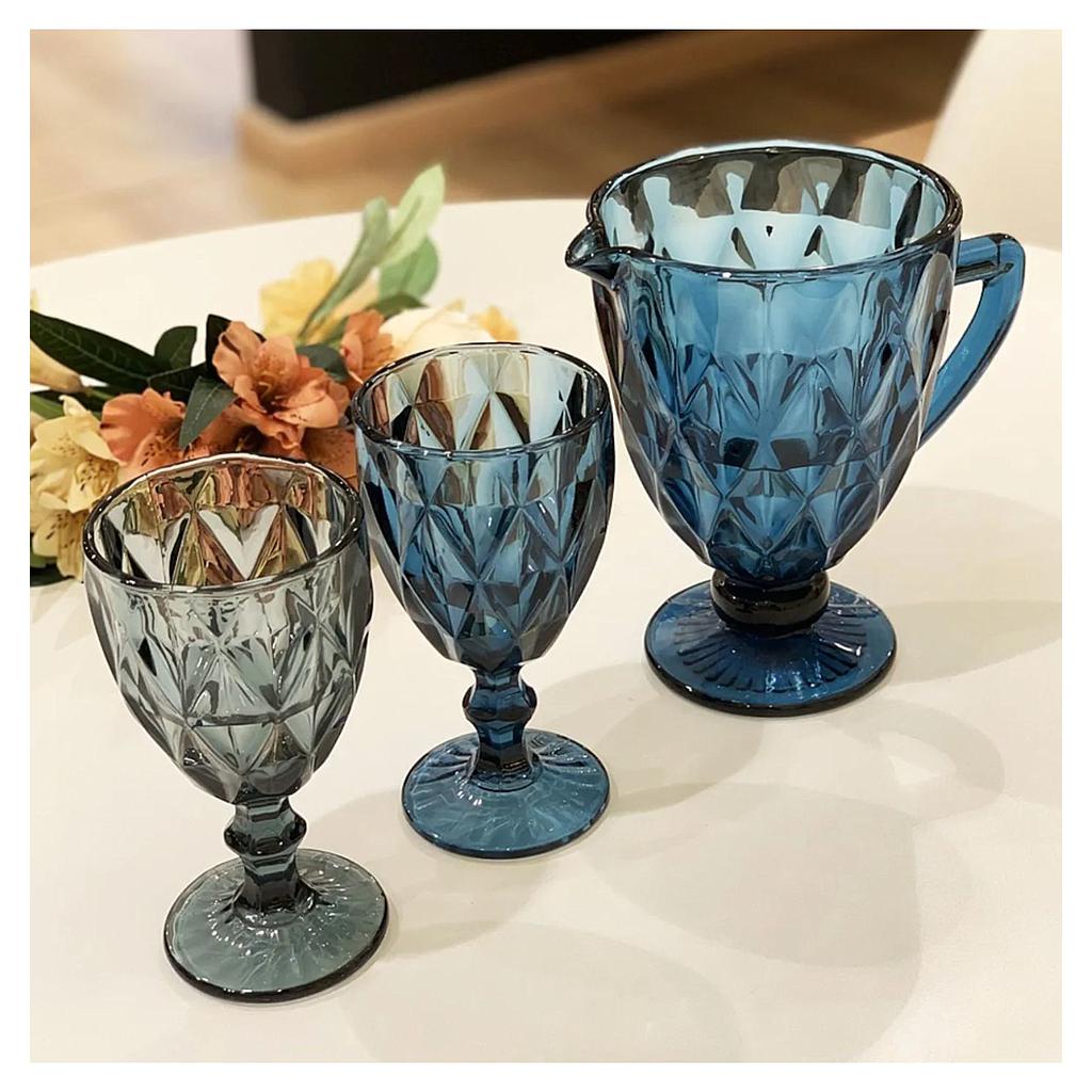 Juego de Jarra 1 L con 6 Copas de Vidrio Labrado Azul 300ml