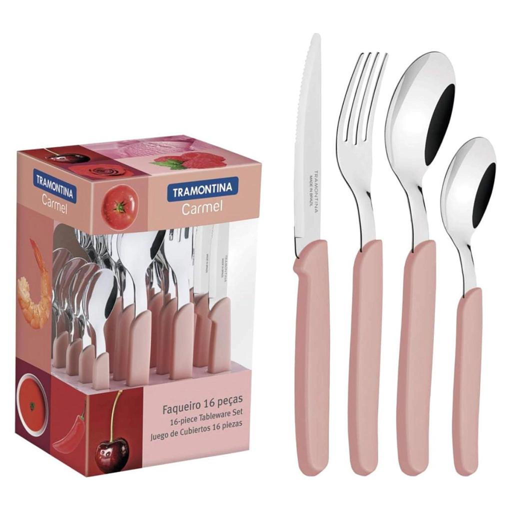 Juego de Cubiertos Tramontina Carmel con Láminas de Acero Inoxidable y Mangos de Polipropileno Rosa Medio 16 Piezas
