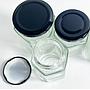 Frascos Hexagonales en Vidrio con tapa de Rosca Negra 280ml