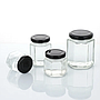 Frascos Hexagonales en Vidrio con tapa de Rosca Negra 280ml