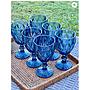 Juego de Jarra 1 L con 6 Copas de Vidrio Labrado Azul 300ml
